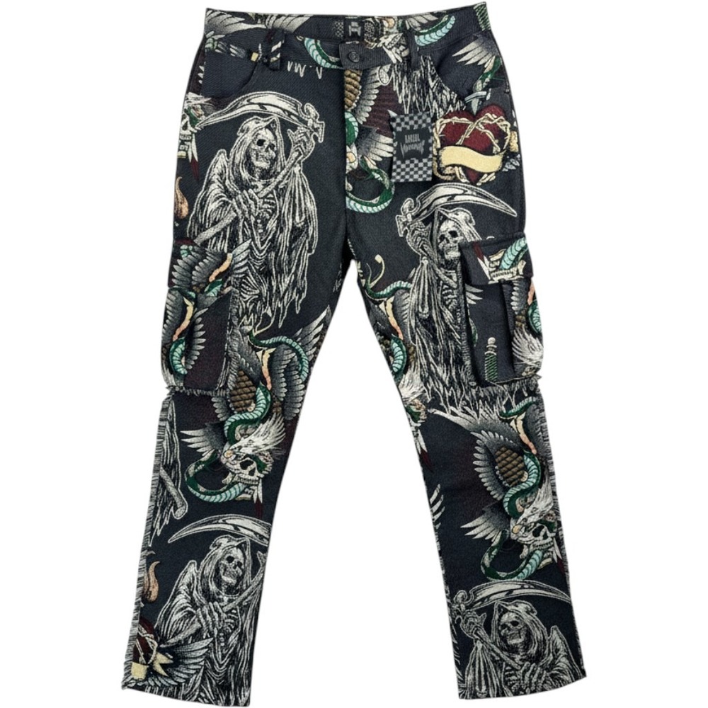 Rebel Vengeance Tapestry Cargo Pants sz 36 Black Grim Reaper Tattoo goth‎ skull